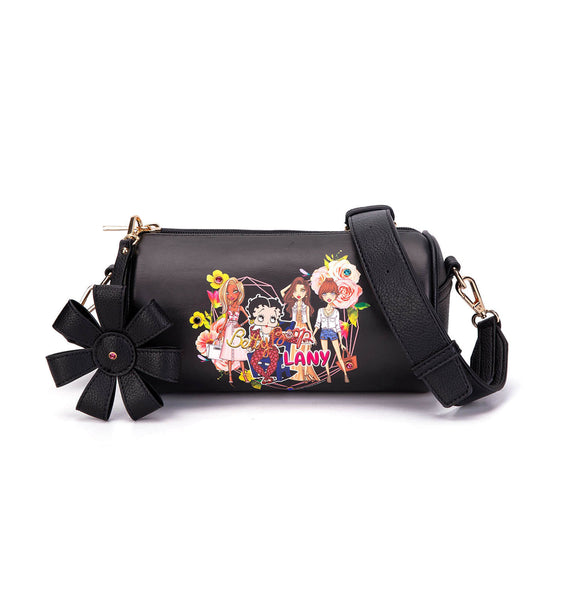 Betty Boop Friends/Flower Barrel Style Cute Crossbody Bag (Black)