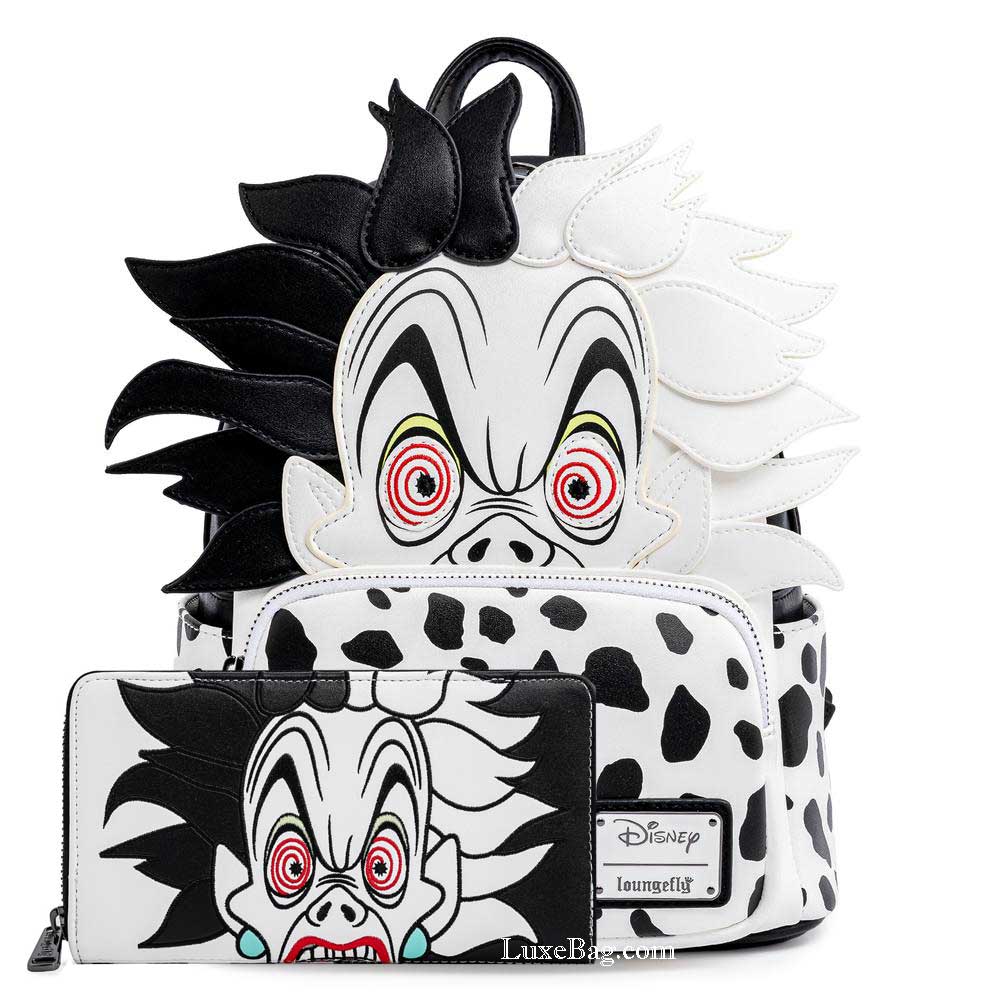 cruella loungefly mini backpack 101 Dalmatians Devil embroidered and debossed details this mini backpack measures approximately 9 width Loungefly Cruella Backpack Disney Graffiti