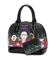 Frida Kahlo Cactus Collection Around Zip Handbag with Long Strap (Black/Black)