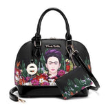 Frida Kahlo Cactus Collection Around Zip Handbag with Long Strap (Black/Black)