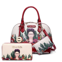 Frida Kahlo Cactus Collection Around Zip Handbag Wallet Set (Red)