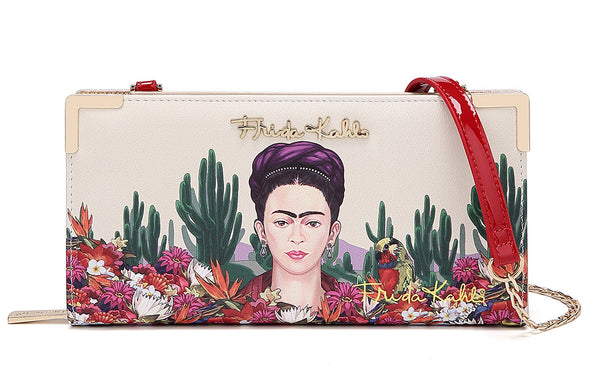 Frida Kahlo Cactus Collection Licensed Clutch with Long Strap (Red)