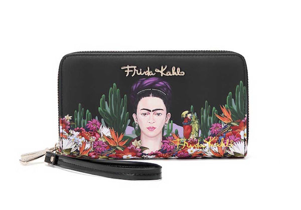 Frida Kahlo Jungle Collection Double Around Zip Wallet (Black/Black)