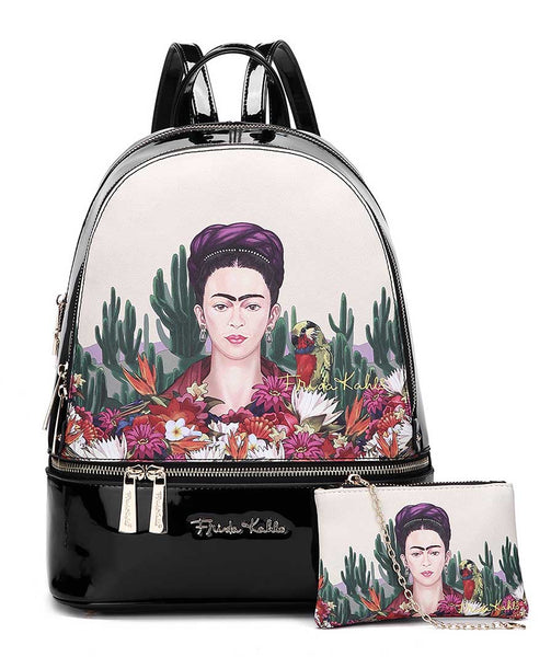 Frida Kahlo Cactus Licensed Faux Leather Large Backpack (Black)