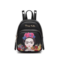 Frida Kahlo Cartoon Faux Leather Mini Size Backpack (All Black)