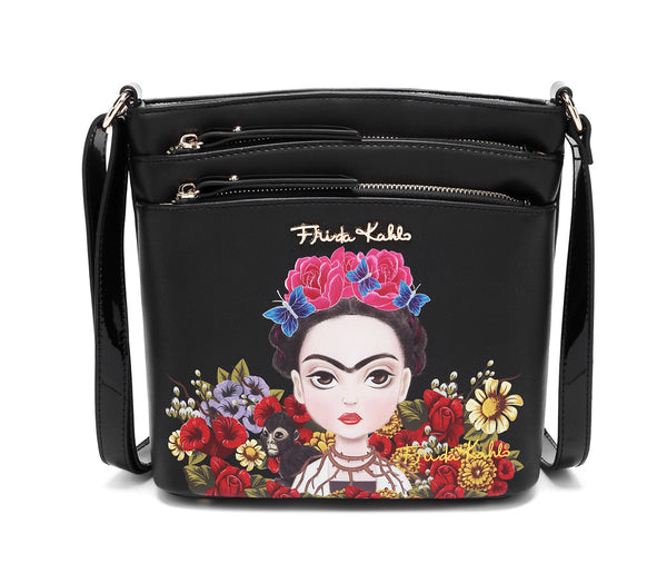Frida Kahlo Cartoon Licensed Cross Body Bag (Black/Black)