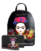 Frida Kahlo Cartoon Collection Cute Backpack Wallet Set (All Black)