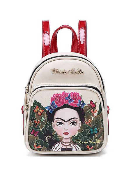 Frida Kahlo Cartoon Faux Leather Mini Size Backpack (Red: Cartoon)