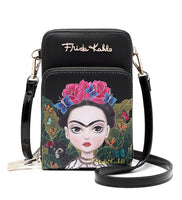 Frida Kahlo Cartoon Collection Cellphone Cross Body Bag with Wrislet (Black)