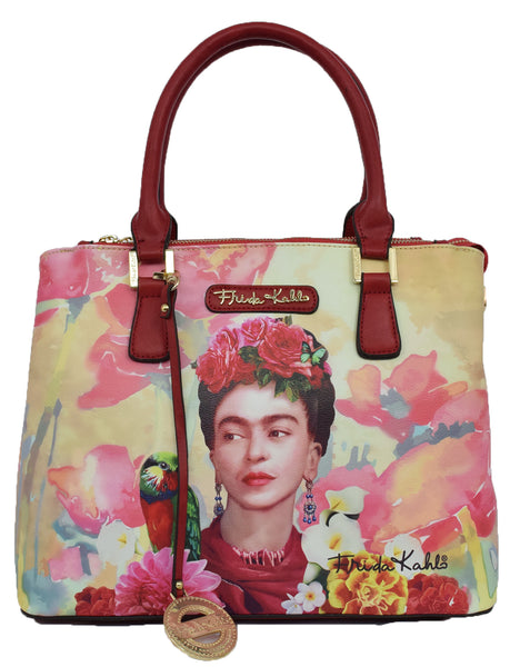 Frida Kahlo Flower Collection Handbag with Top Zip Closures (Red)