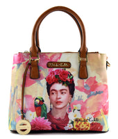 Frida Kahlo Flower Collection Handbag with Top Zip Closures (Tan)