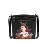 Frida Kahlo Flower Collection Cross Body Bag with Two Zip Pockets (Black)