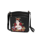 Frida Kahlo Flower Collection Cross Body Bag with Two Zip Pockets (Black)