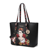 Frida Kahlo Flower Collection Licensed Large Tote Bag with Coin Purse (Black)