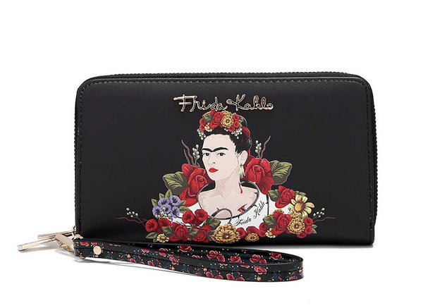 Frida Kahlo Flower Collection Around Zip Wallet with Wristlet (Black)