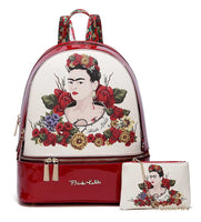 Frida Kahlo Flower Collection Faux Leather Large Backpack (Beige/Red)