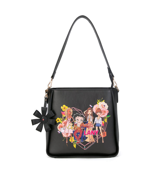 Betty Boop Friends/Flower Faux Leather Hobo Purse (Black)