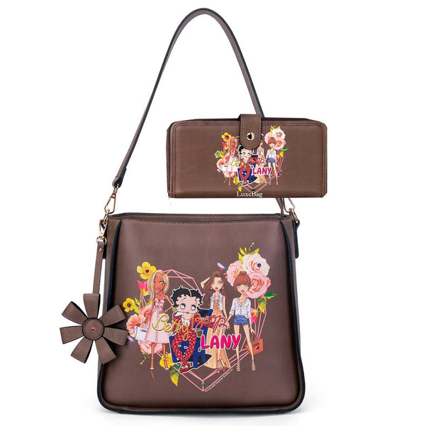 Betty Boop Friends Faux Leather Hobo Purse Wallet Set (Natural)