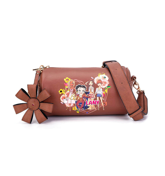 Betty Boop Friends/Flower Barrel Style Cute Crossbody Bag (Brown)