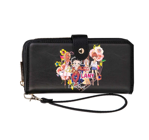 Betty Boop Friends/Flower Faux Leather Wallet with Wristlet (Black)