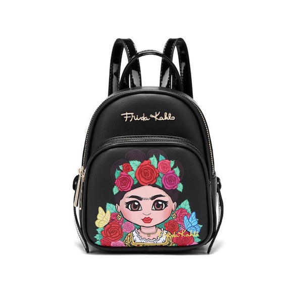 Frida Kahlo Cartoon Flower Collection Mini Backpack (Black/Black) – LuxeBag