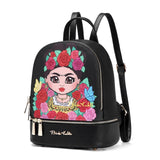 Frida Kahlo Cartoon Flower Collection Cute Backpack (Black/Black)