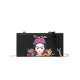 Frida Kahlo Cartoon Collection Clutch with Long Strap (All Black)