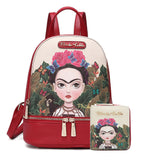 Frida Kahlo Cartoon Collection Cute Backpack and Wallet Set (Red)