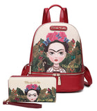 Frida Kahlo Cartoon Collection Cute Backpack and Long Wallet Set (Red)